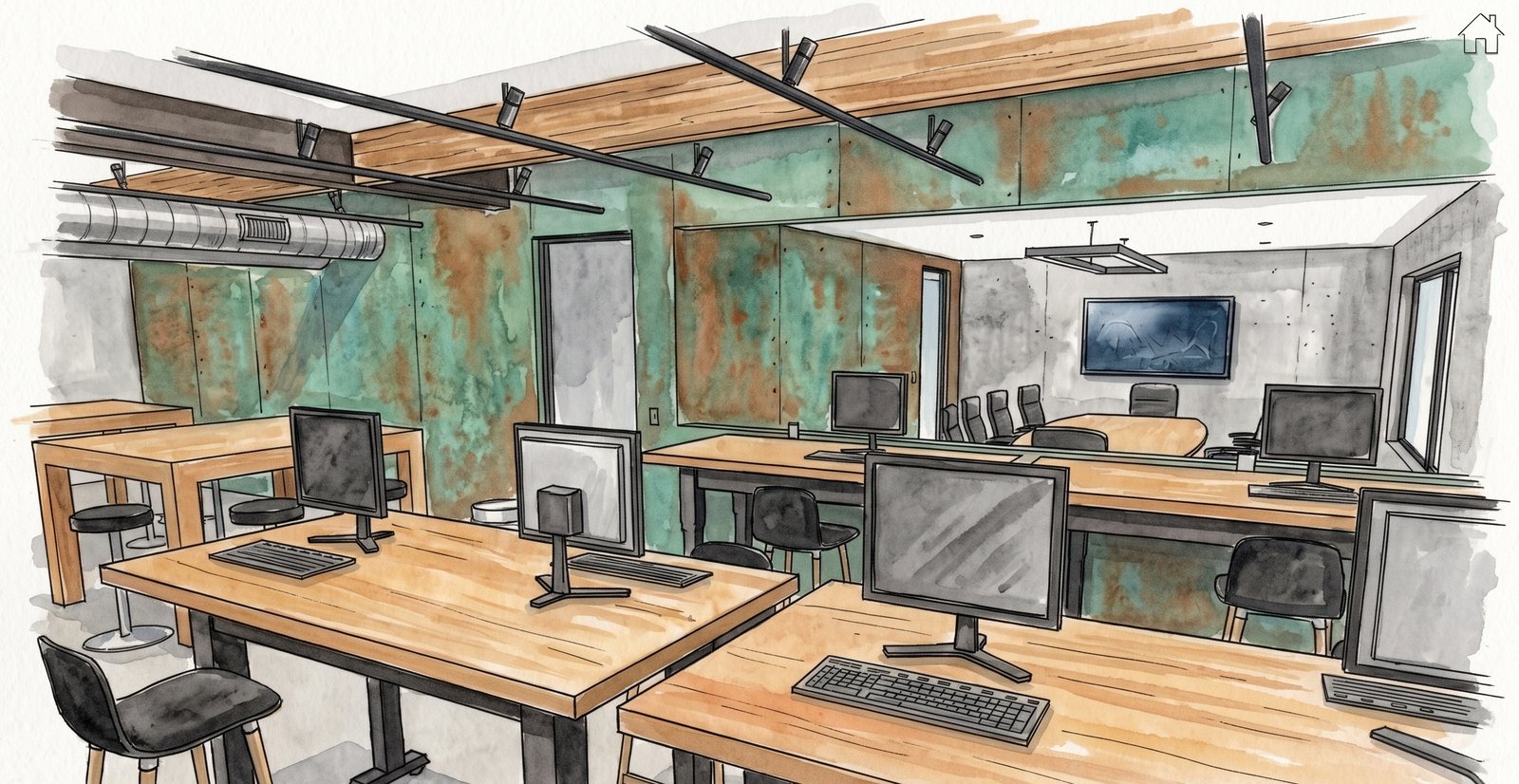 Watercolor rendering of the upstairs coworking space at Atlas Labs: rows of desks with monitors and a glass-walled conference room with a wall display.