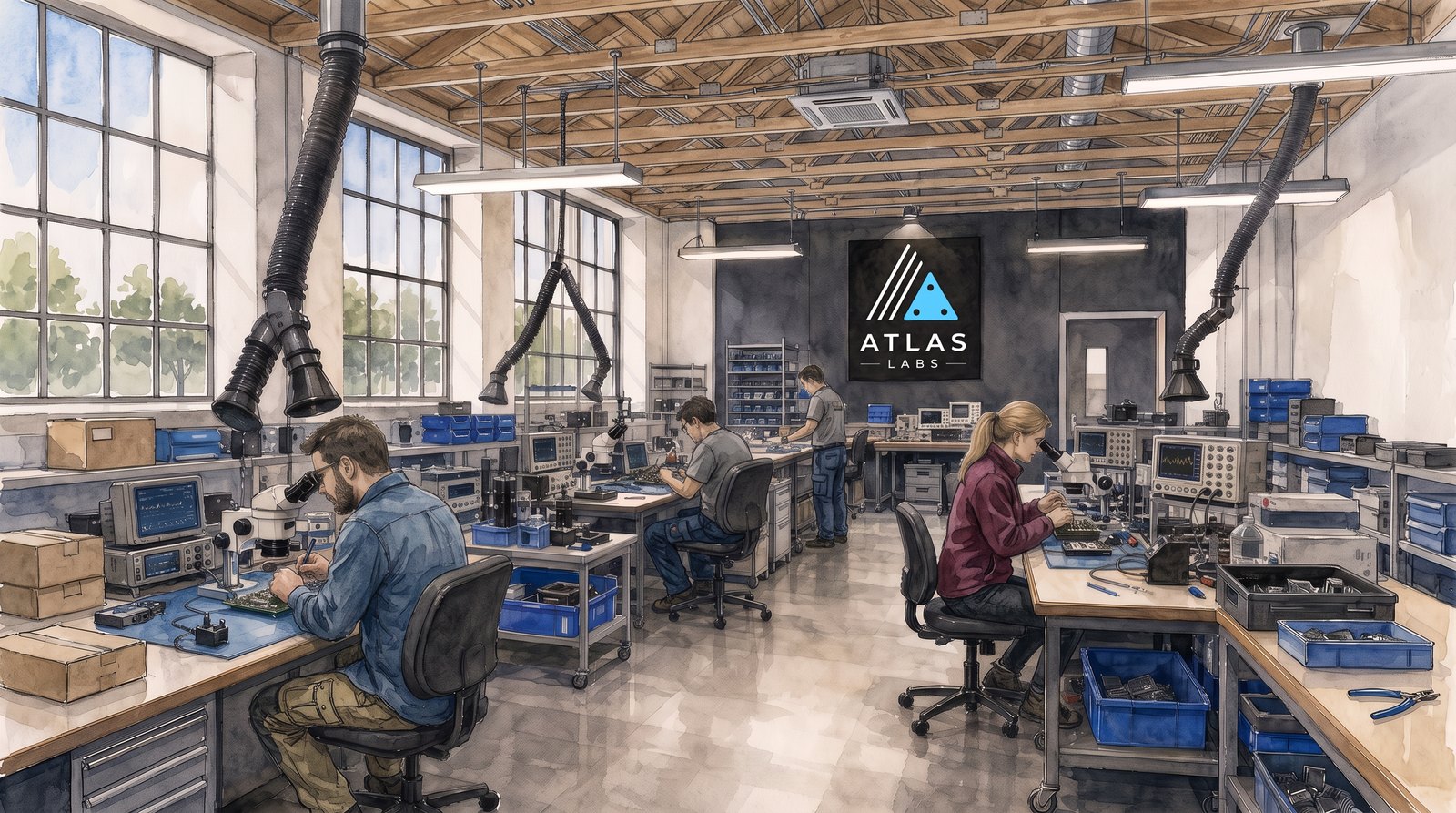 Watercolor rendering of the electronics lab: ESD benches, microscopes, scopes, and fume extract.