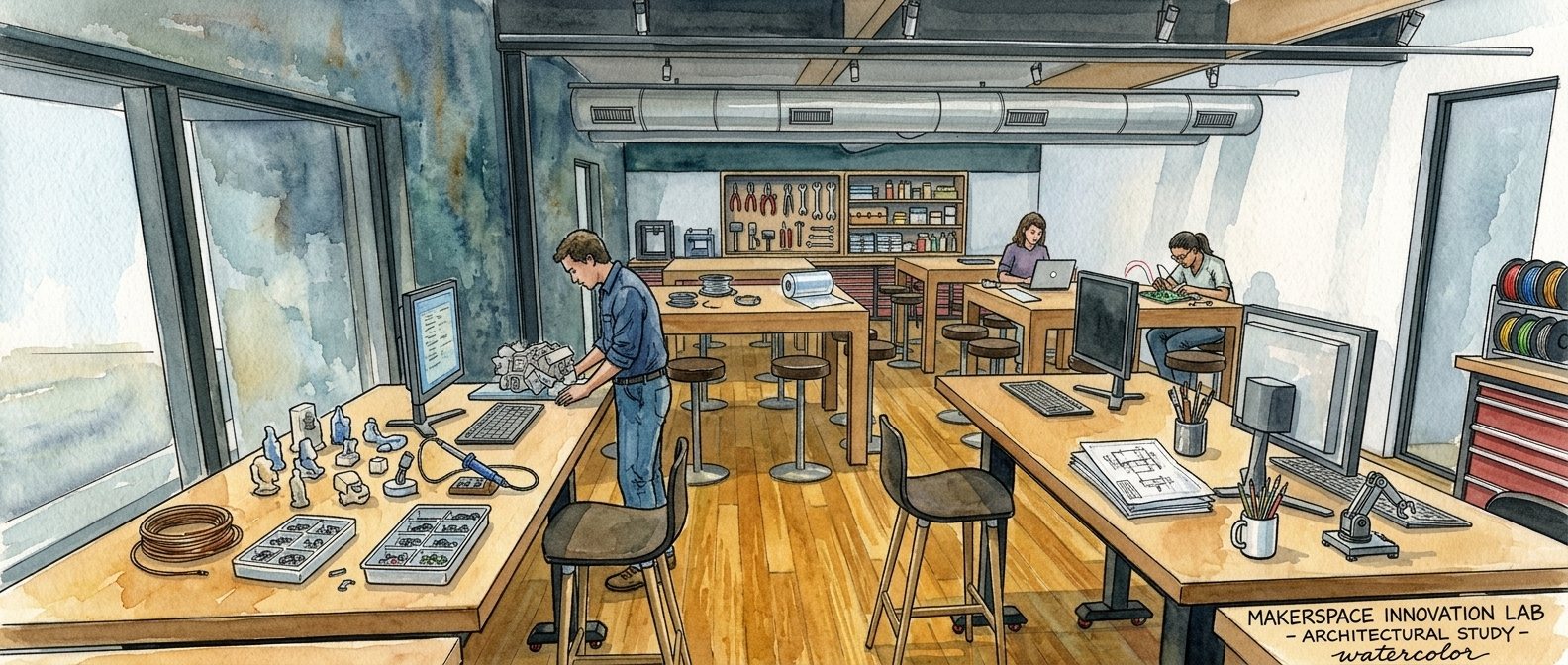 Watercolor rendering of the Atlas Labs digital fab area: CAD workstations, a wall of hand tools, a 3D-printer filament rack, and members prototyping at benches.