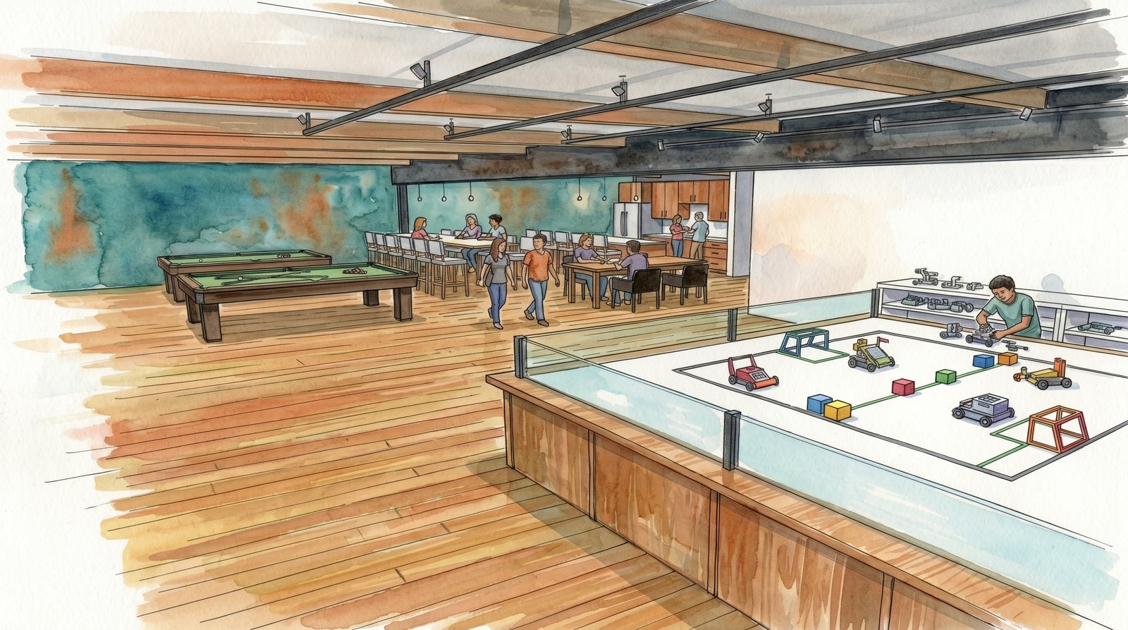 Watercolor rendering of the second-floor lounge and games area: a billiards table, communal dining tables, an open kitchen, and a glass-walled robotics arena with small rovers.