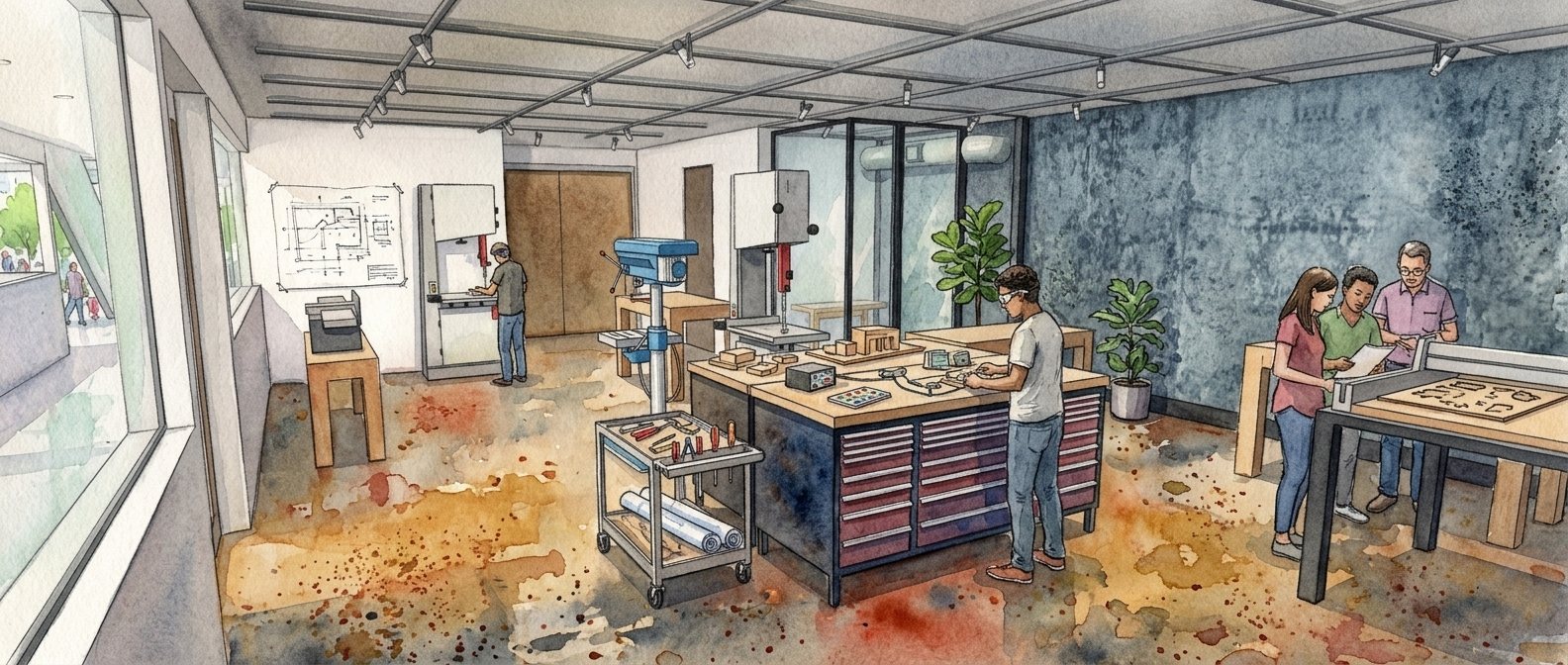 Watercolor rendering of the wood shop: a drill press, bandsaw, rolling tool cart, and members working at a central bench.