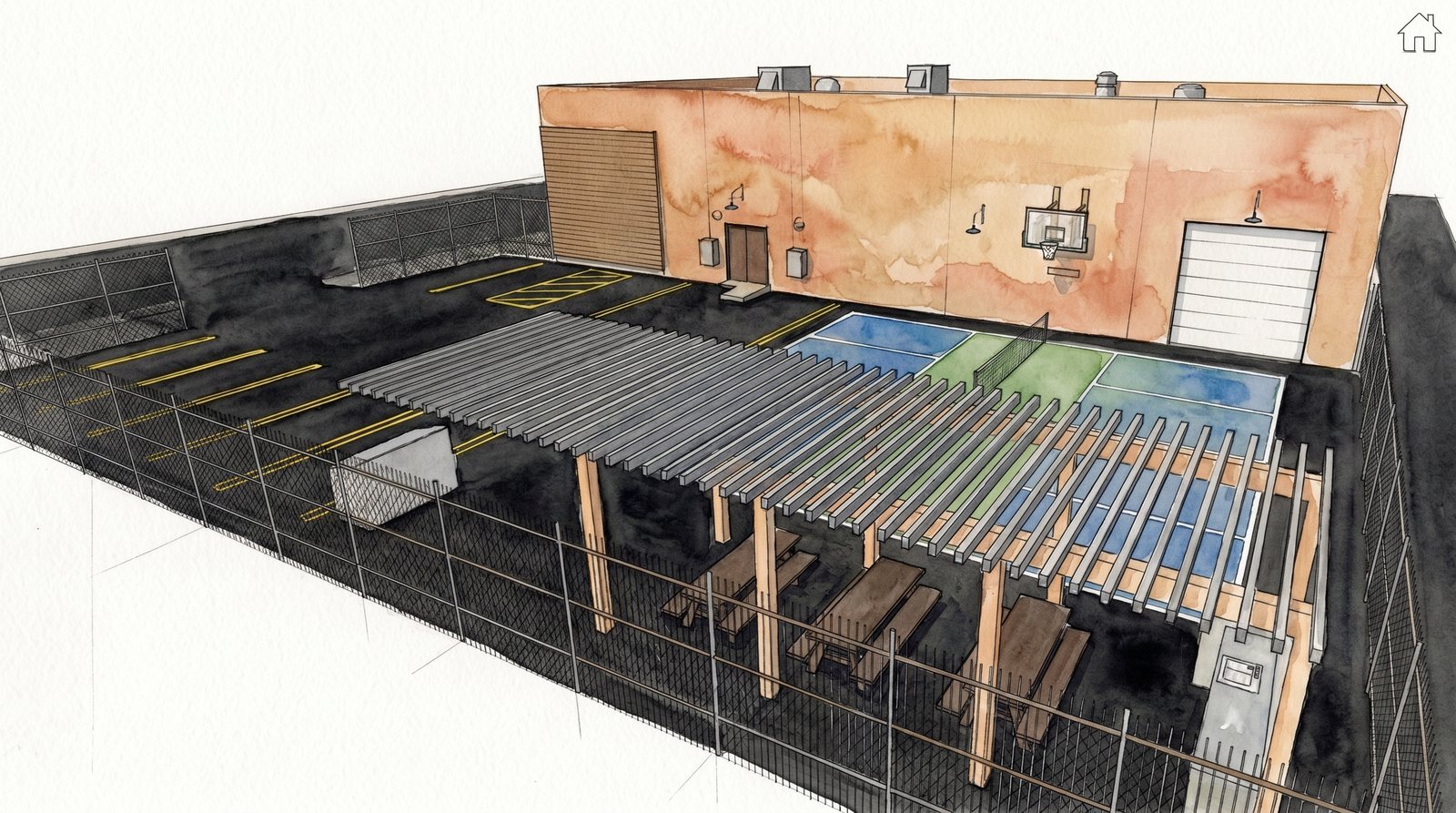 Watercolor rendering of the Atlas Labs outdoor social yard: a fenced lot behind the warehouse with pickleball courts, a slatted pergola over picnic tables, and a basketball hoop on the wall.